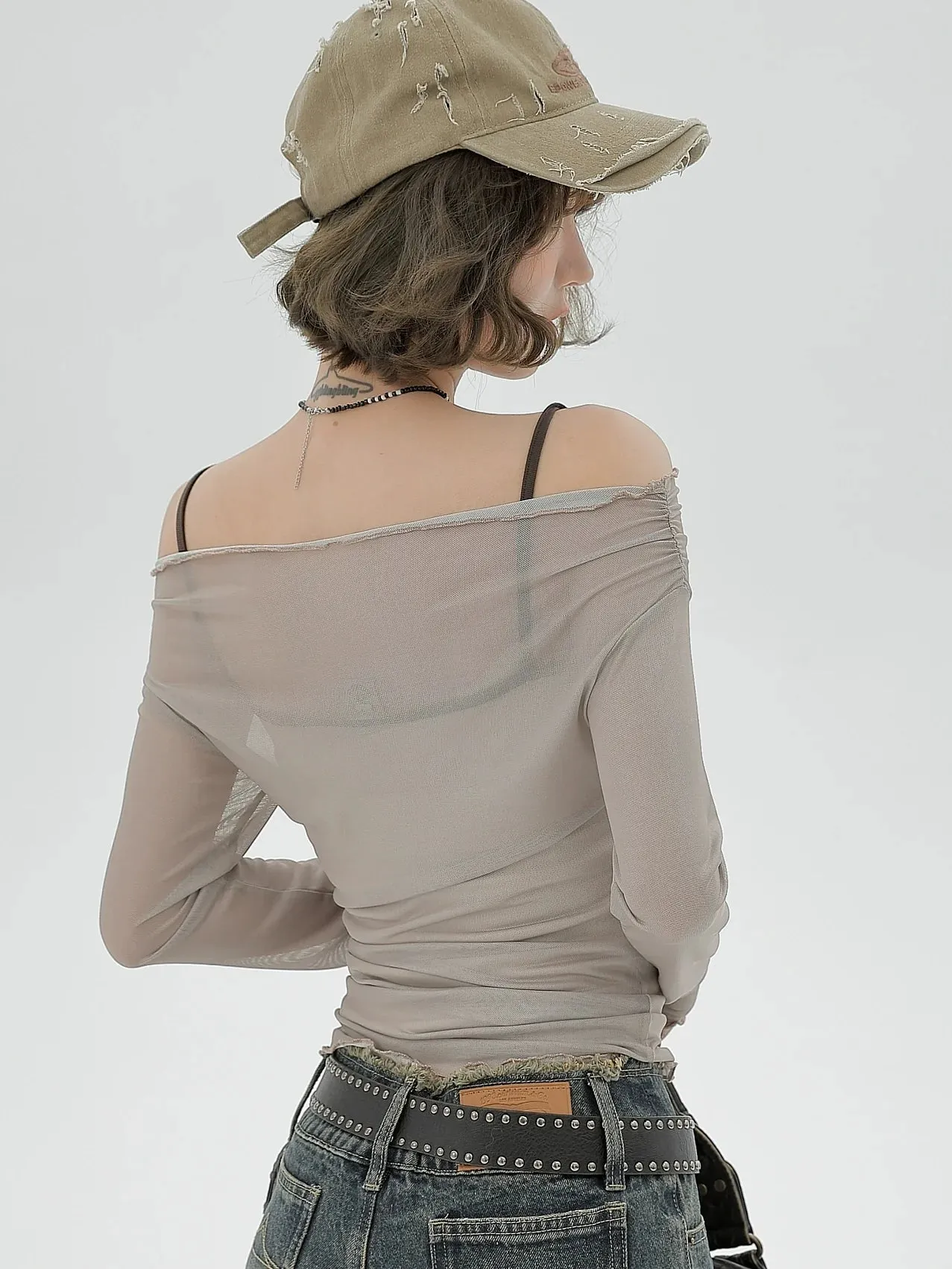 Sheer Inner Camisole Off-the-shoulder Mesh American   T long