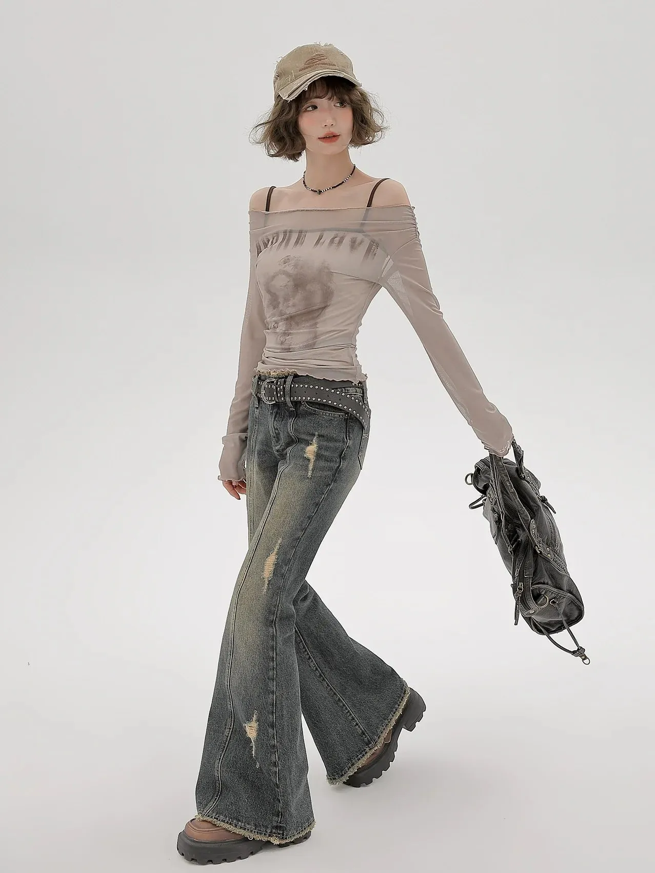 Sheer Inner Camisole Off-the-shoulder Mesh American   T long
