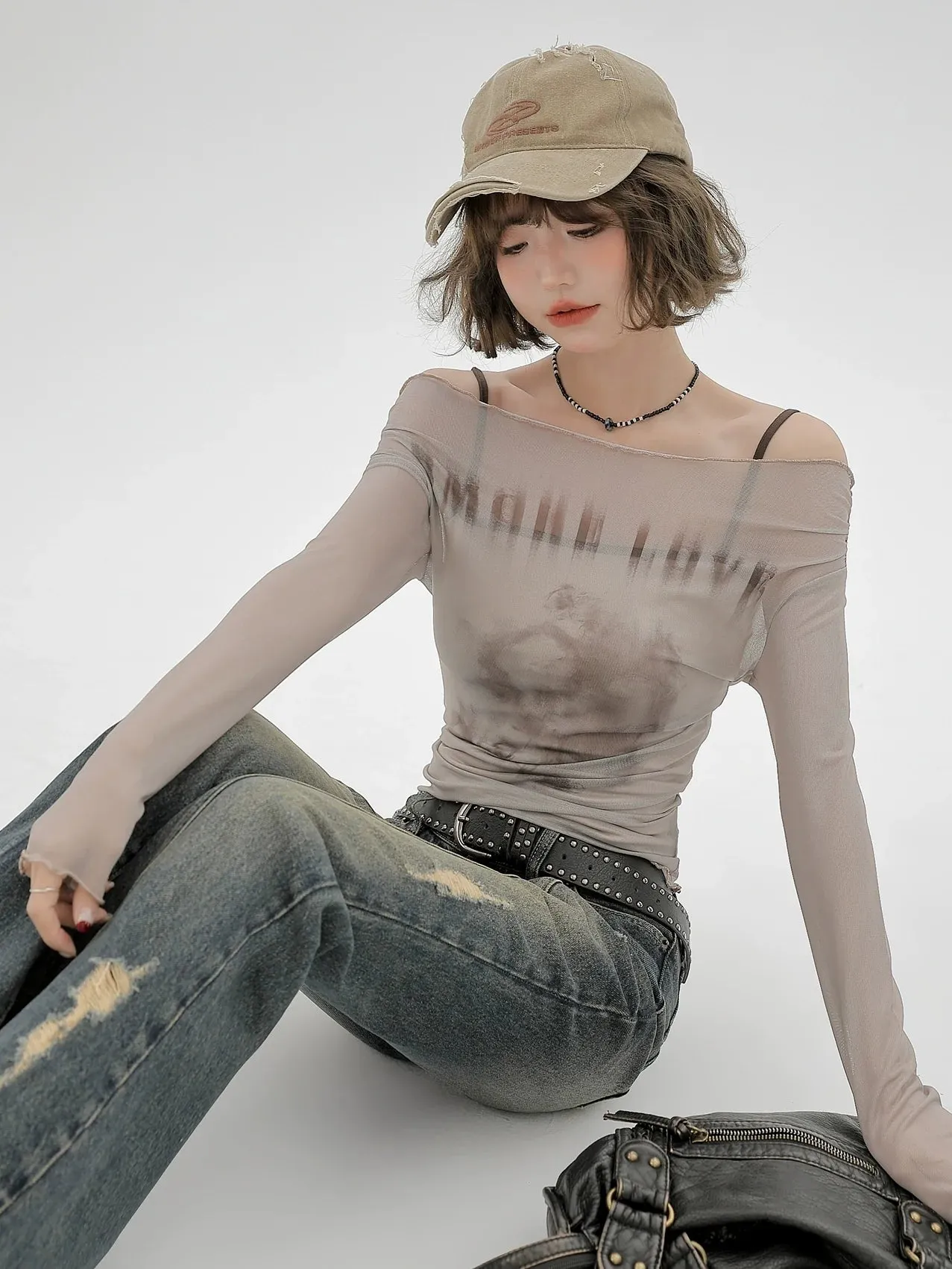 Sheer Inner Camisole Off-the-shoulder Mesh American   T long