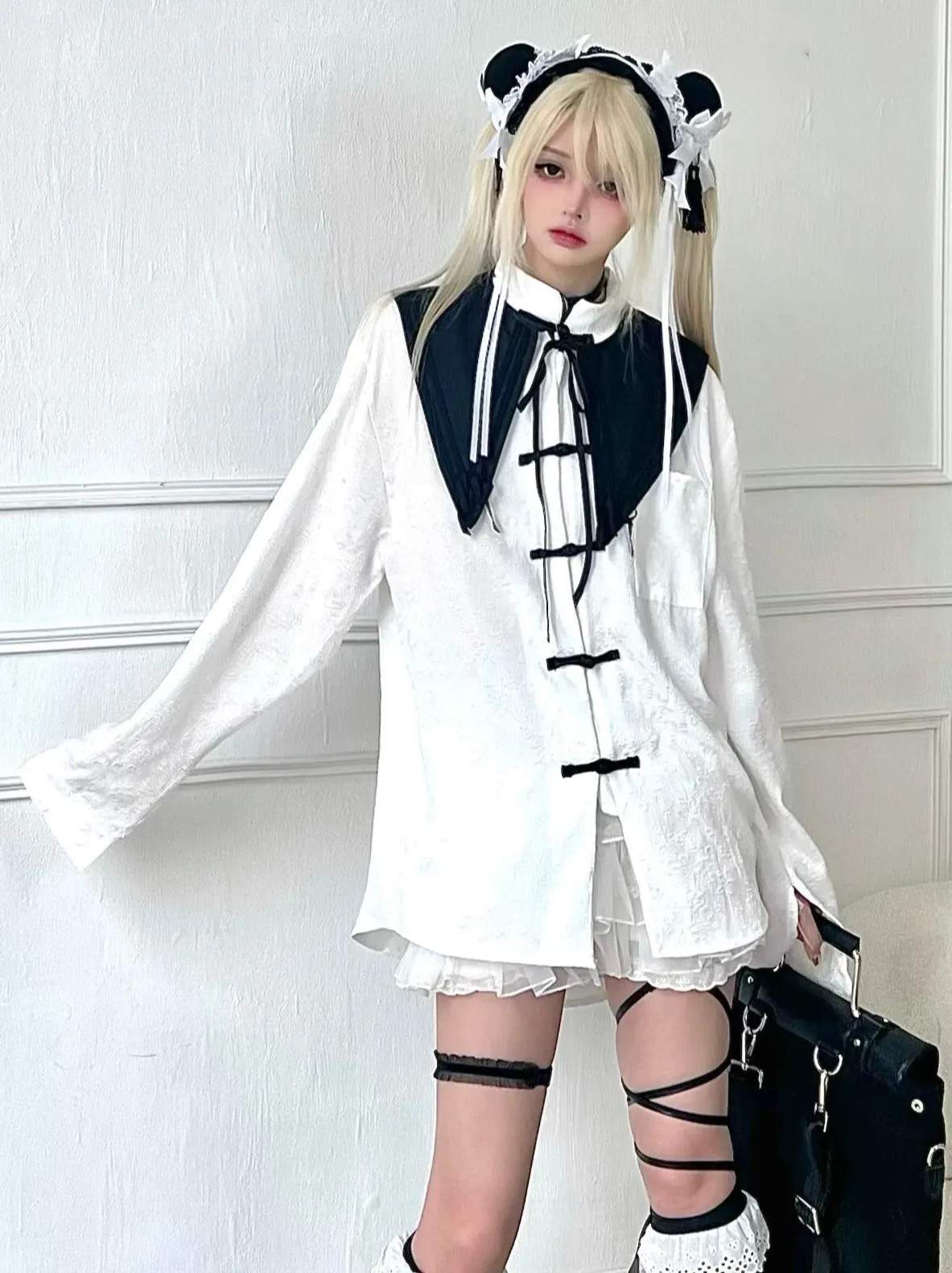 Shirt Dark Short China   Pattern Belt Collar   Faux Buckle Sleeve
