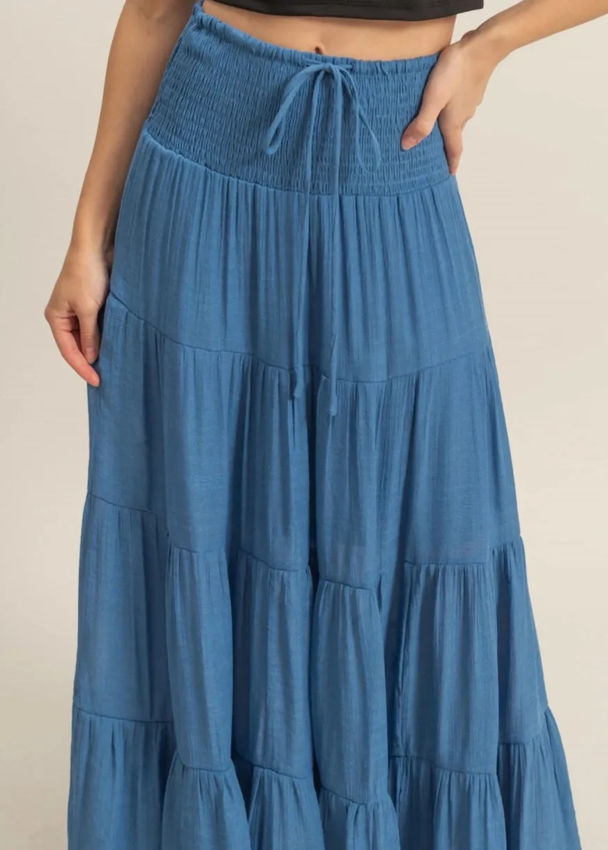 Tranquil Tiered Long Maxi Skirt (Blue)