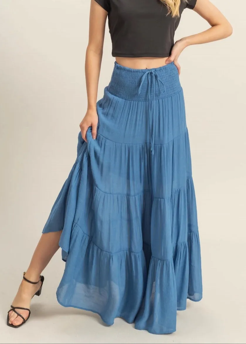 Tranquil Tiered Long Maxi Skirt (Blue)