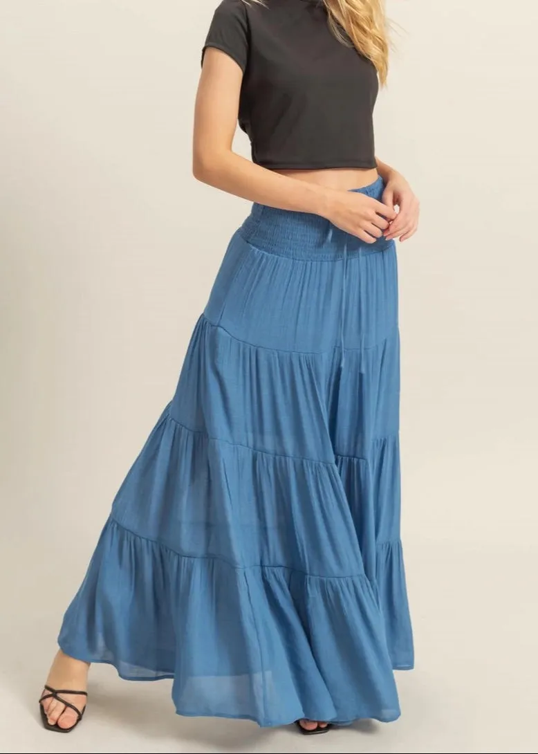Tranquil Tiered Long Maxi Skirt (Blue)