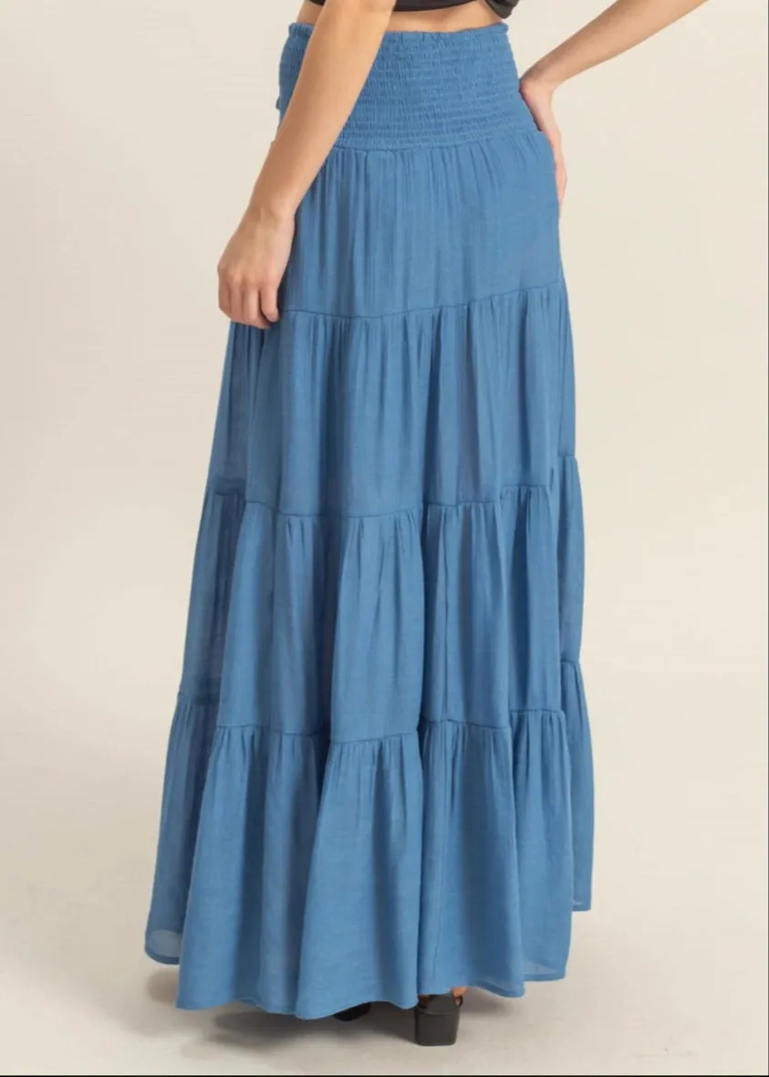 Tranquil Tiered Long Maxi Skirt (Blue)