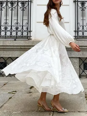 UAKISS  -  Sexy Lace Patchwork Skirt For Women 2024 Spring Summer Casual Hollow Out Big Swing Elastic High Waist Elegant Mujer Party Skirts