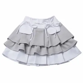 White Colorblock Design Bowknot Tiered Skirt Gray Details