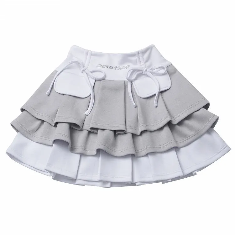 White Colorblock Design Bowknot Tiered Skirt Gray Details