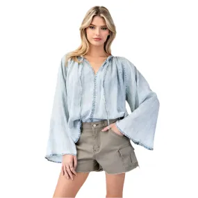 Women's ee:some Mineral Washed Bell Sleeve Denim Top TH12019
